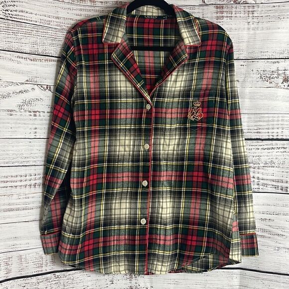 Lauren Ralph Lauren sleep shirt womens Sz Medium embroidered plaid funnel crest - Picture 2 of 10